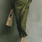 Woman wearing a wrap-style midi dress