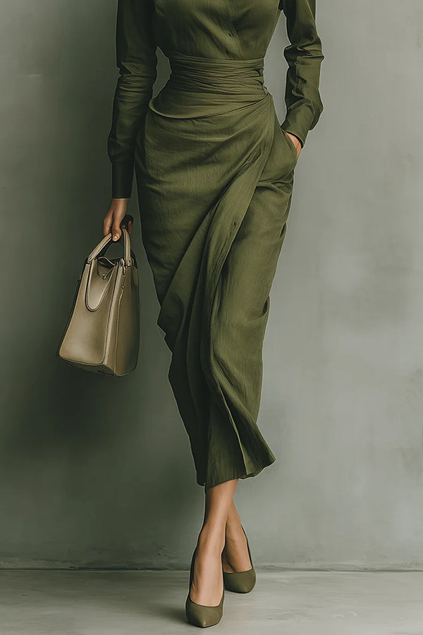 Woman wearing a wrap-style midi dress