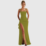 Black open-back slip maxi dress with thigh-high split