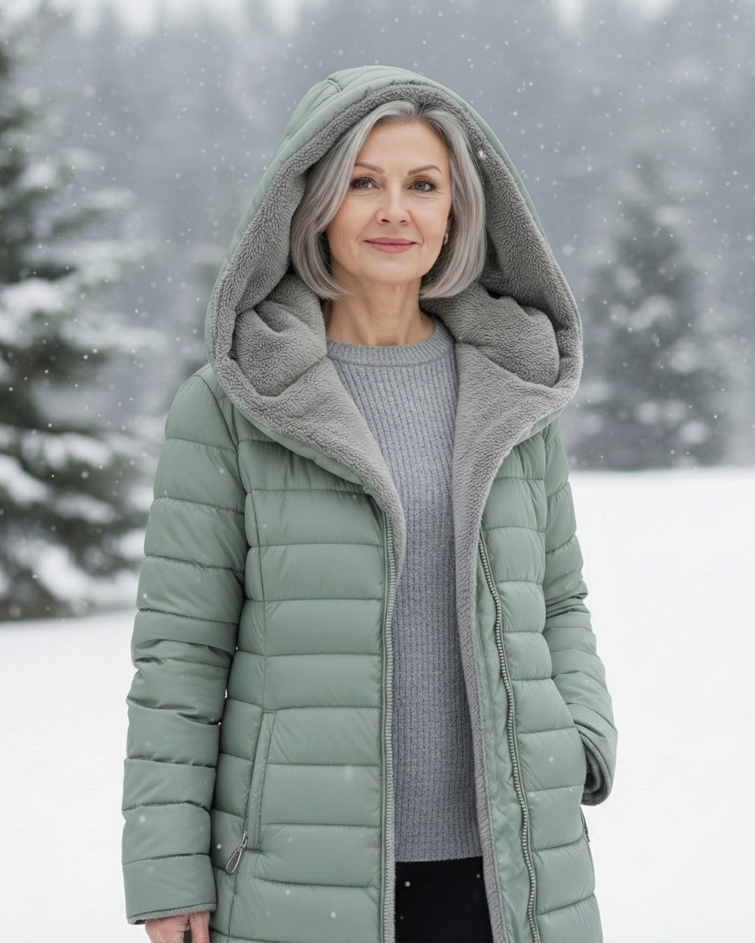 Woman wearing a fleece-lined quilted padded jacket with a shaped waist