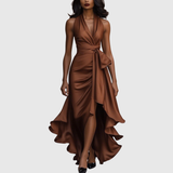 Woman wearing an evening wrap maxi dress with high slit