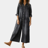 Woman wearing a soft cotton denim jumpsuit