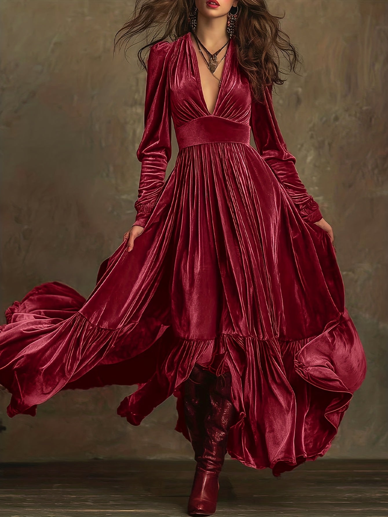 Woman wearing a deep V-neck pleated maxi dress