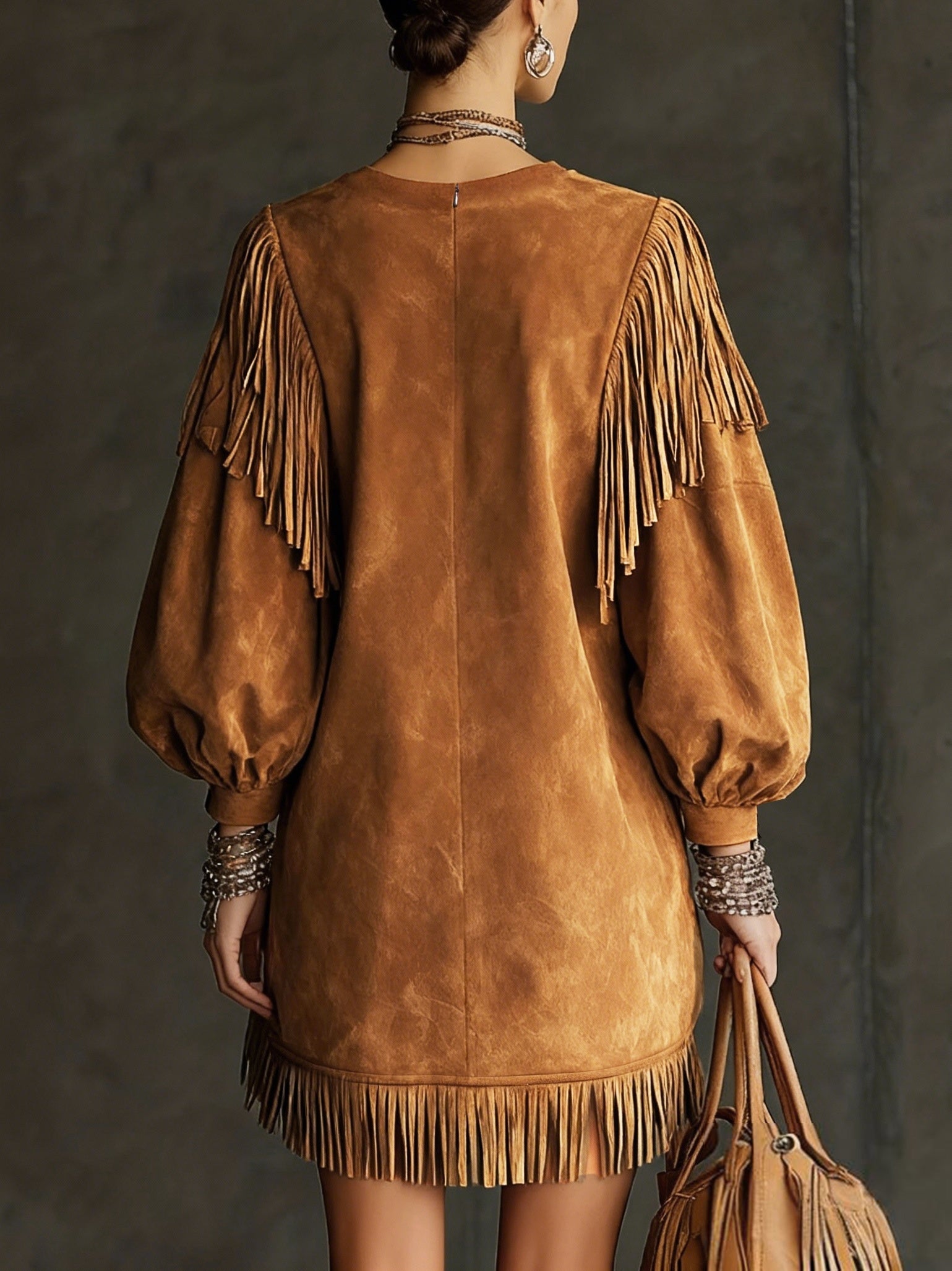 Woman wearing a western-style maxi dress with bell sleeves