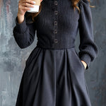 Woman wearing a vintage-inspired winter dress with pockets
