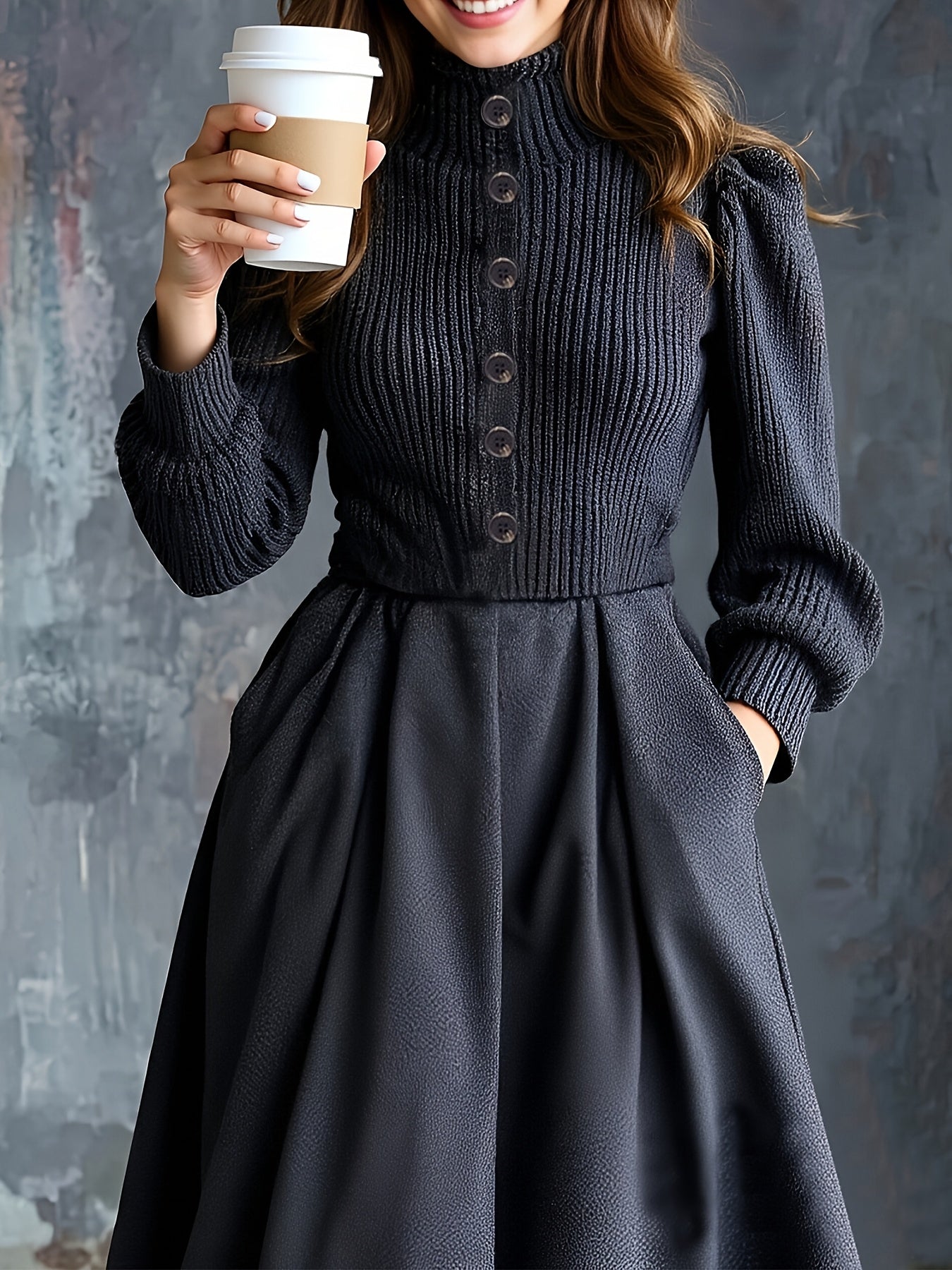 Woman wearing a vintage-inspired winter dress with pockets