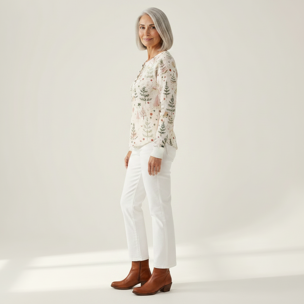 Alma - Classic Elegance Patterned Jumper, pine tree and floral print knit jumper, view 3