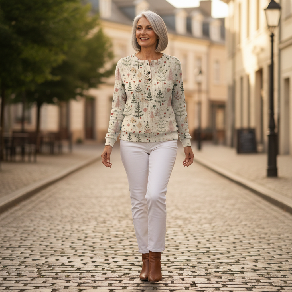 Alma - Classic Elegance Patterned Jumper, pine tree and floral print knit jumper, view 5