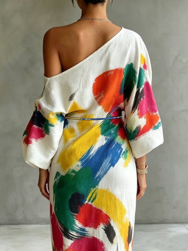 One-shoulder abstract print maxi dress