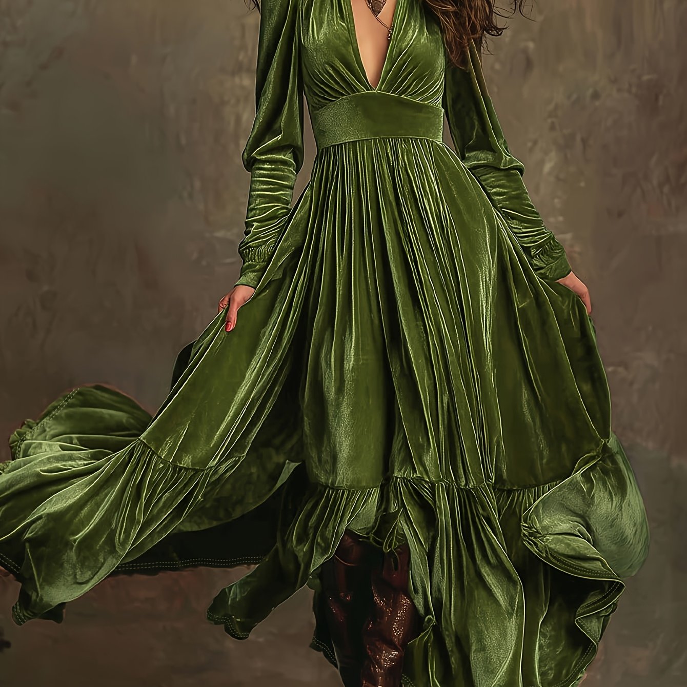 Woman wearing a deep V-neck pleated maxi dress