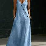 Woman wearing a long button-front denim dress