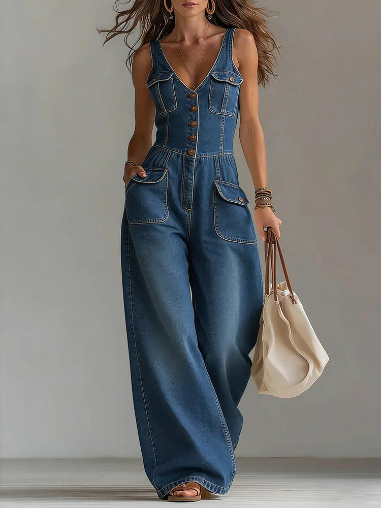 Woman wearing a relaxed-fit denim jumpsuit in a classic wash