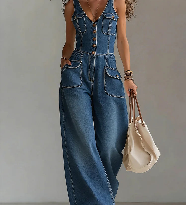Woman wearing a relaxed-fit denim jumpsuit in a classic wash