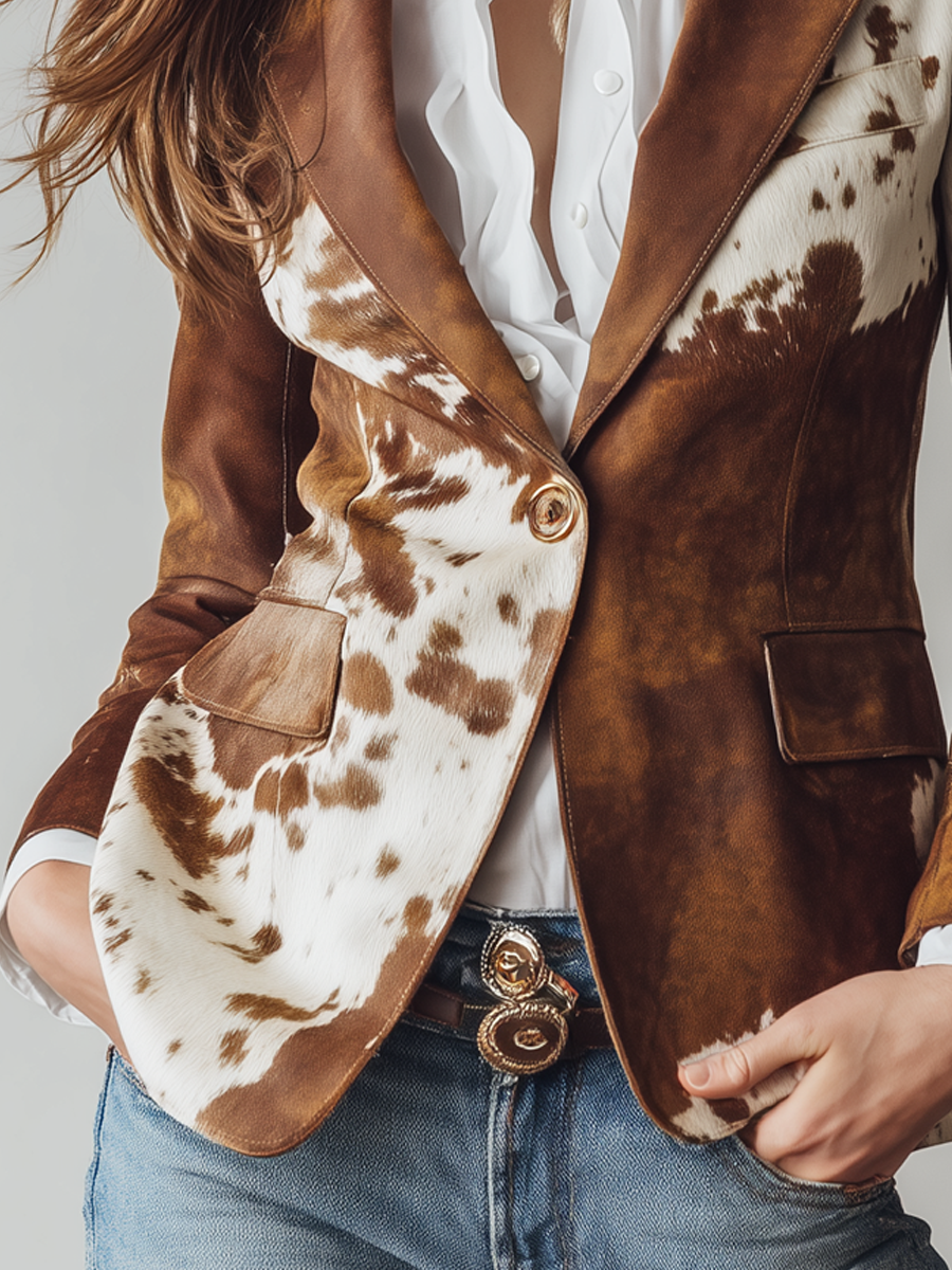 Woman wearing a vintage cow print blazer