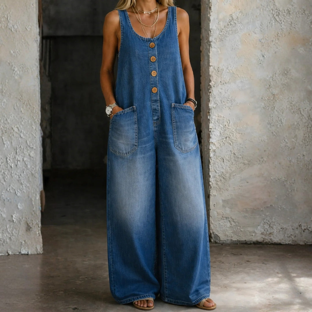Woman wearing a washed cotton all-in-one with a square neckline