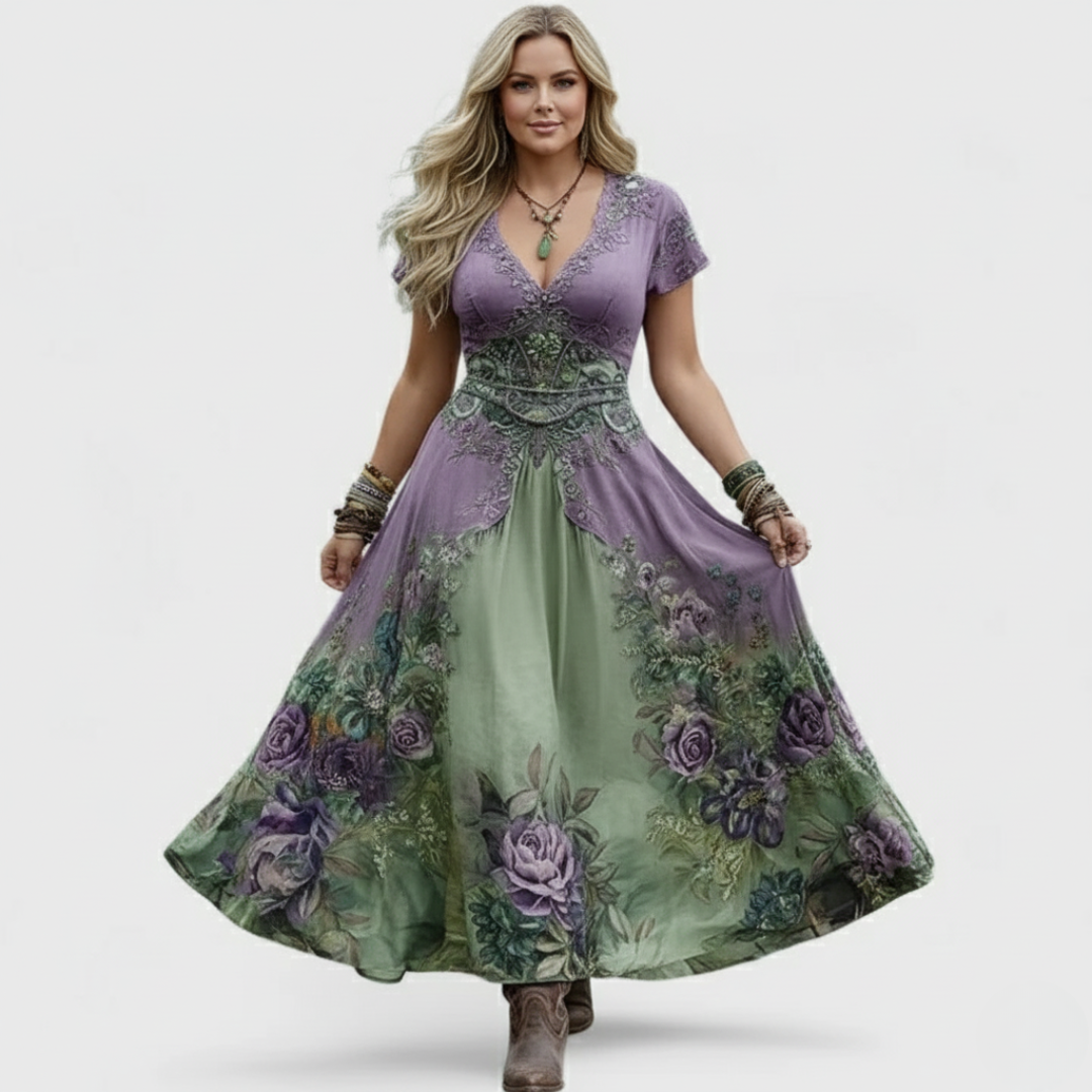 Woman wearing a floral embroidered maxi dress