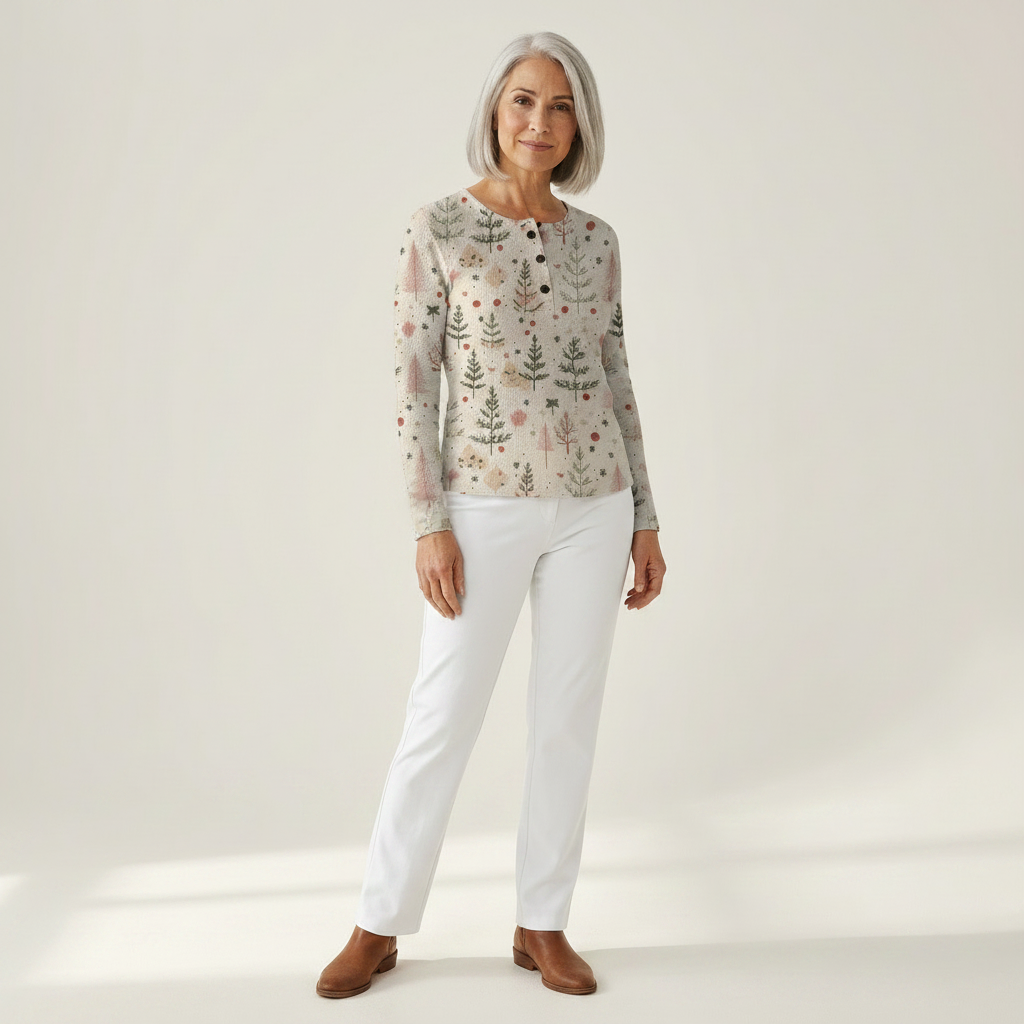 Alma - Classic Elegance Patterned Jumper, pine tree and floral print knit jumper, view 2