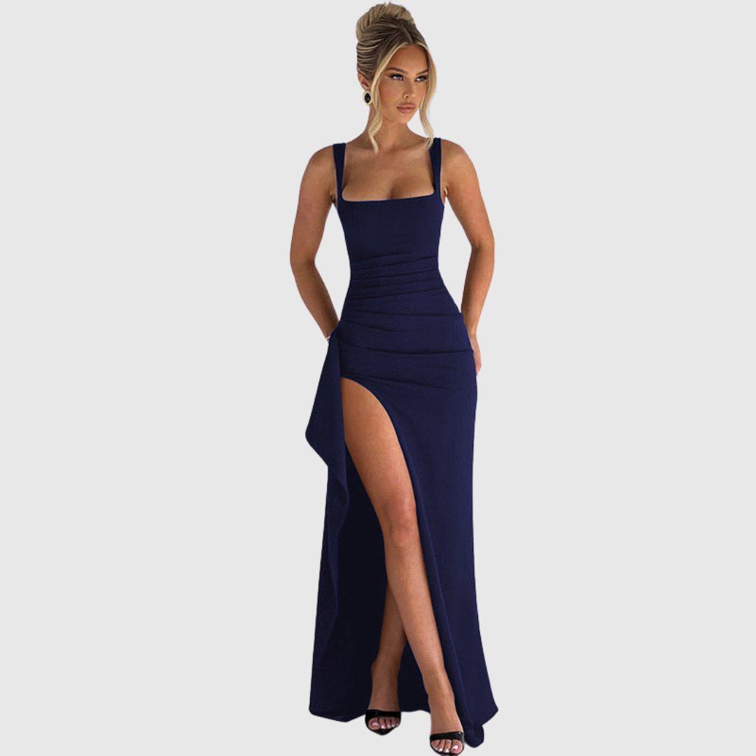 Black open-back slip maxi dress with thigh-high split