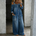 Woman wearing an off-shoulder denim jumpsuit