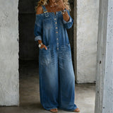 Woman wearing an off-shoulder denim jumpsuit