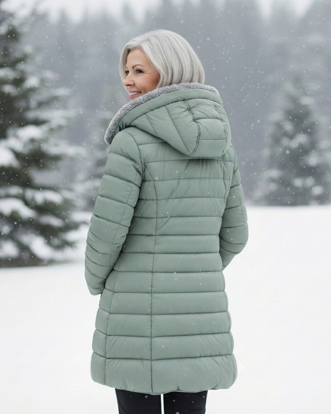 Woman wearing a fleece-lined quilted padded jacket with a shaped waist