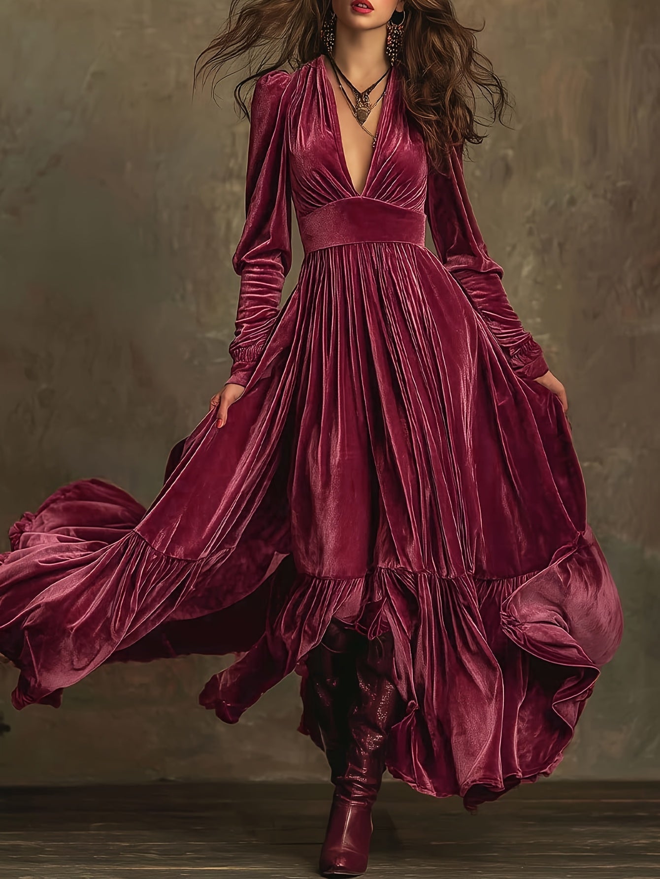 Woman wearing a deep V-neck pleated maxi dress