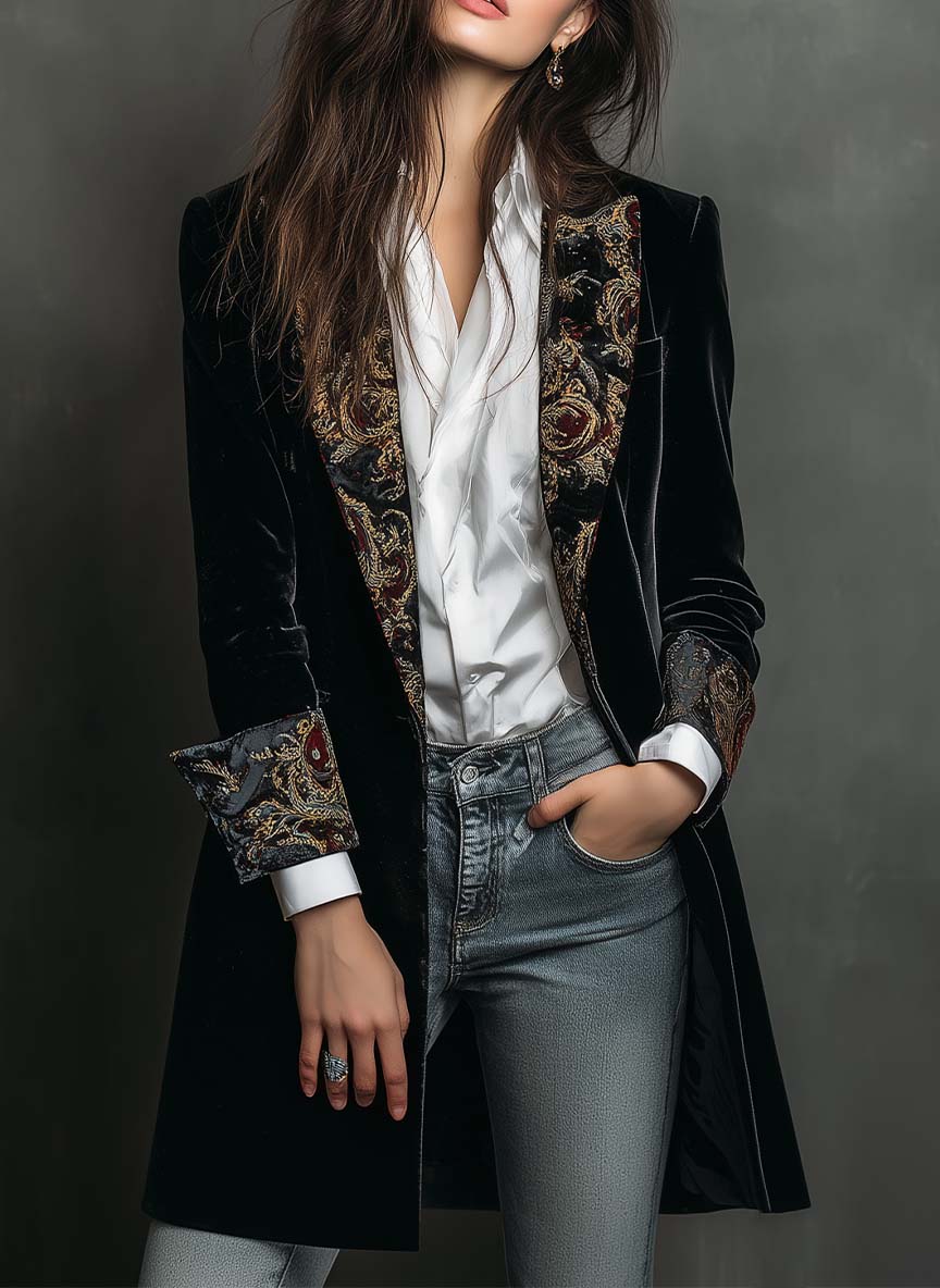 Woman wearing a long slim baroque print blazer