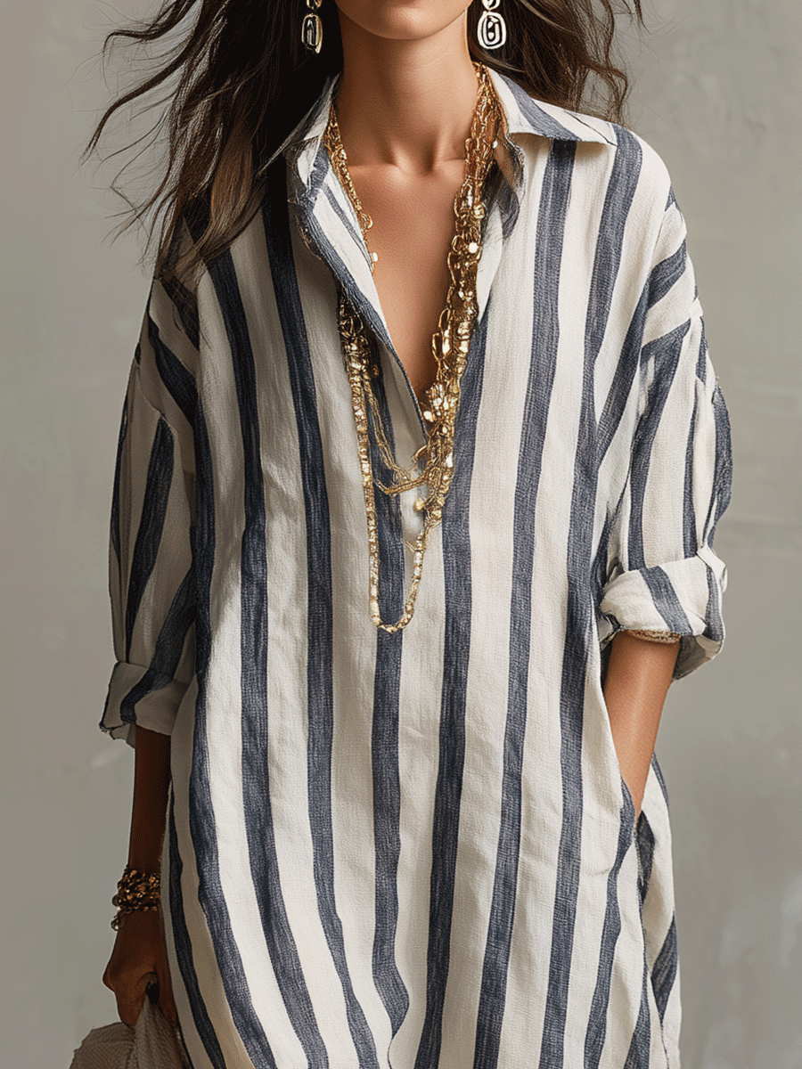 Striped button-front boho maxi dress