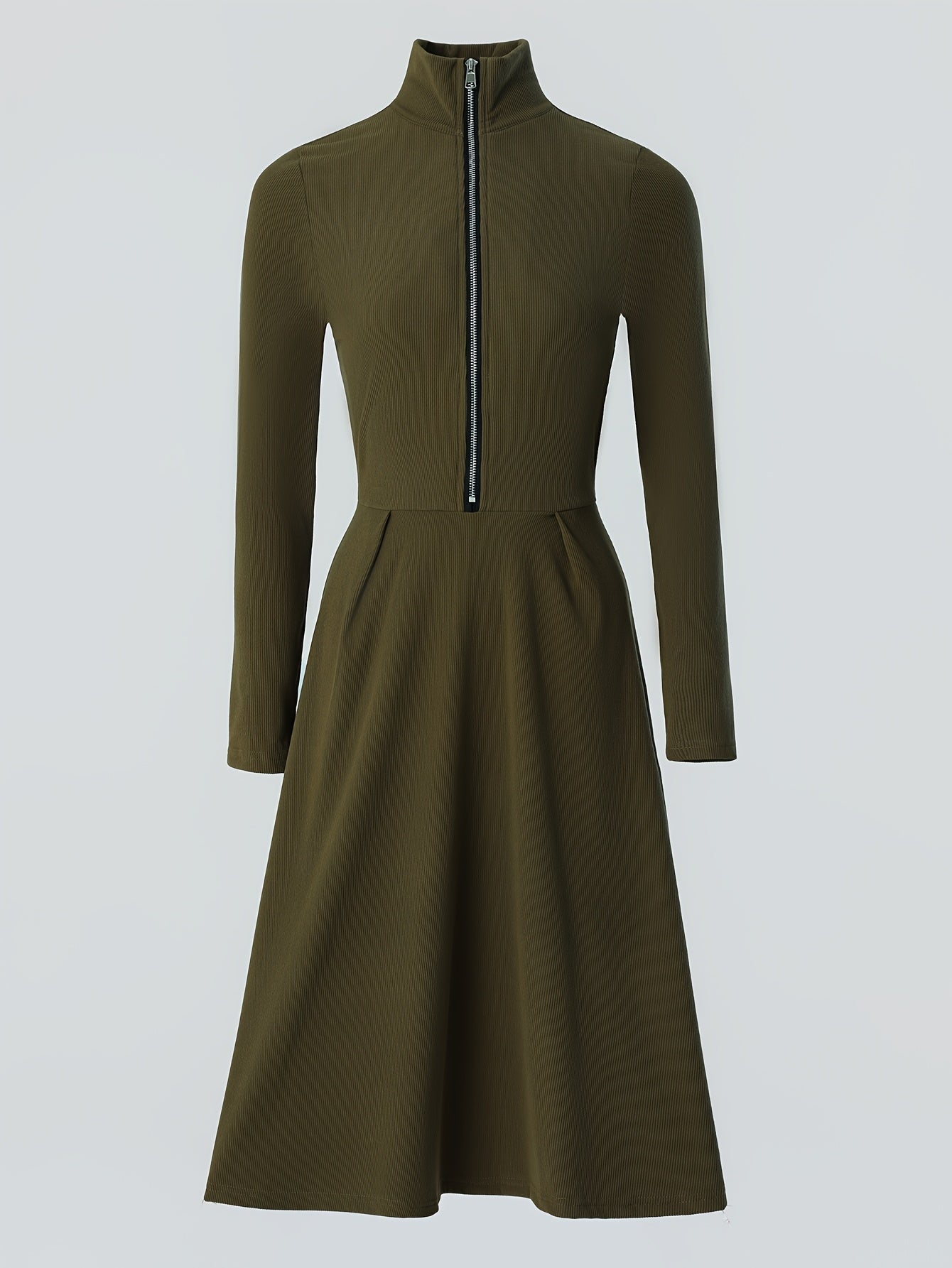 Woman wearing a zip-front long-sleeve stretch dress