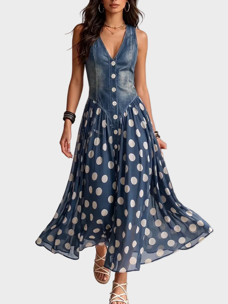 Denim and polka dot chiffon maxi dress