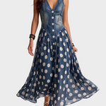 Denim and polka dot chiffon maxi dress