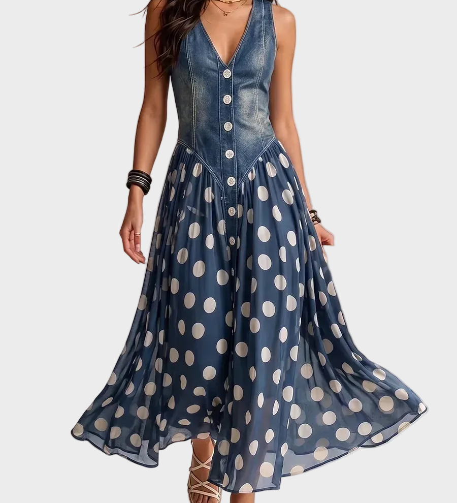 Denim and polka dot chiffon maxi dress