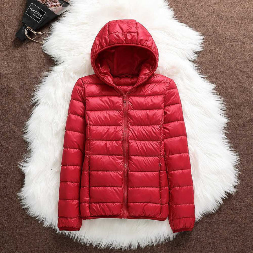Red lightweight padded jacket with a feminine fit