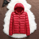 Red lightweight padded jacket with a feminine fit