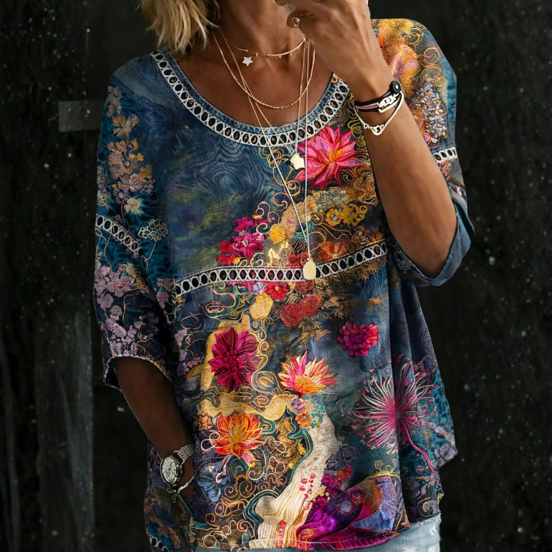 Vintage floral print denim blouse