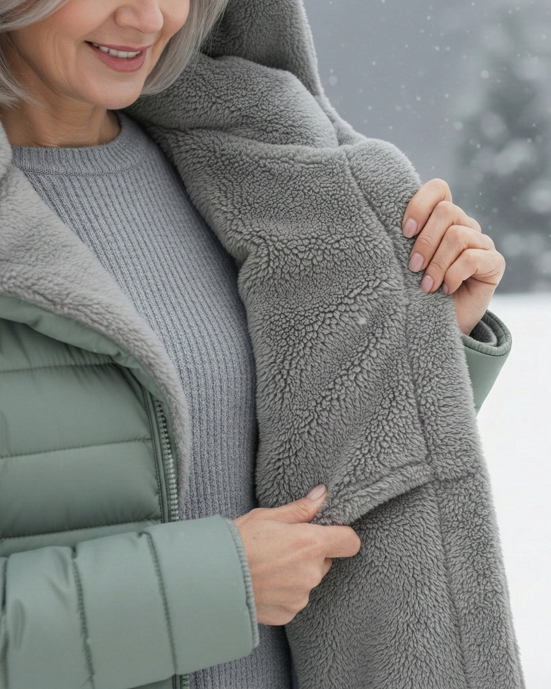 Woman wearing a fleece-lined quilted padded jacket with a shaped waist