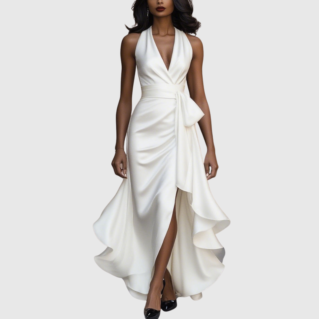 Woman wearing an evening wrap maxi dress with high slit