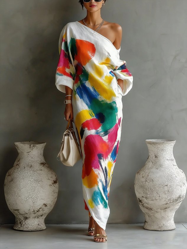 One-shoulder abstract print maxi dress