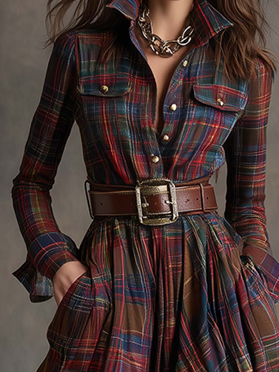 Woman wearing a belted plaid shirt dress with structured collar and flared skirt