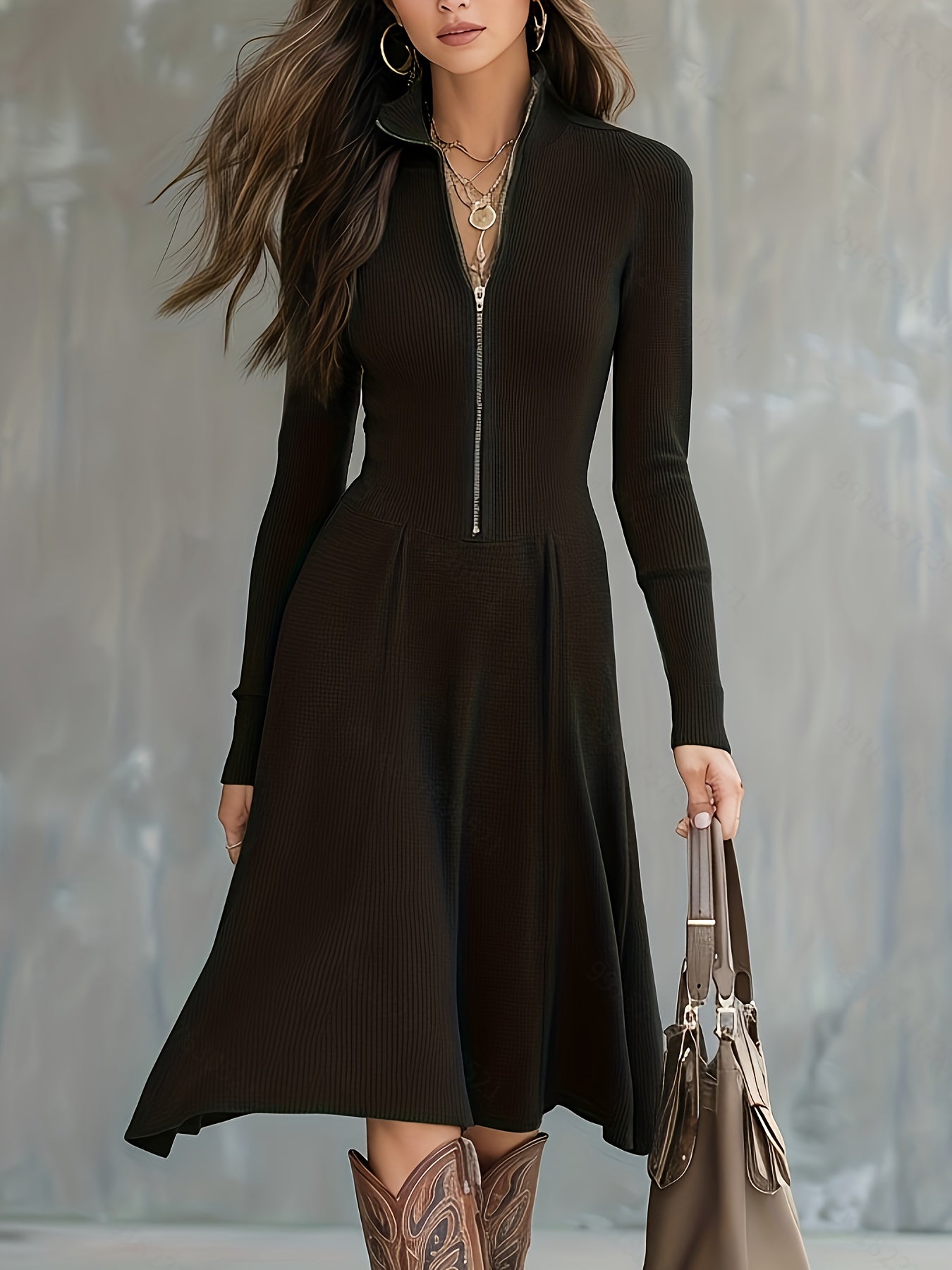 Woman wearing a zip-front long-sleeve stretch dress