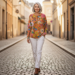 Faustine colourful floral patterned jumper in orange - lifestyle outdoor