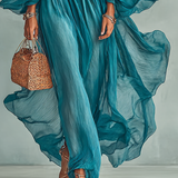 Woman wearing a statement sleeve pleated midi dress
