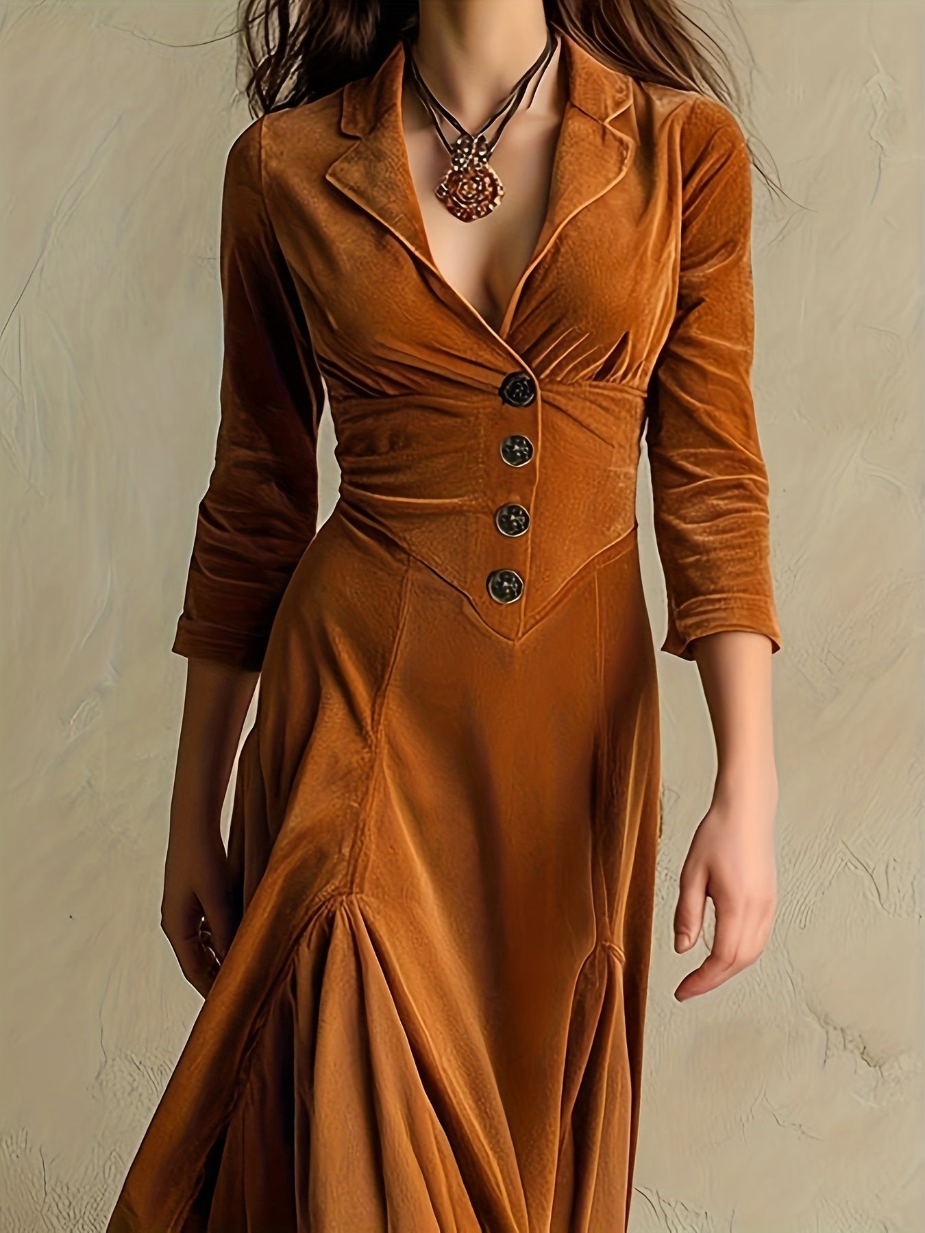 Woman wearing a button-front collar dress with 7/8 sleeves