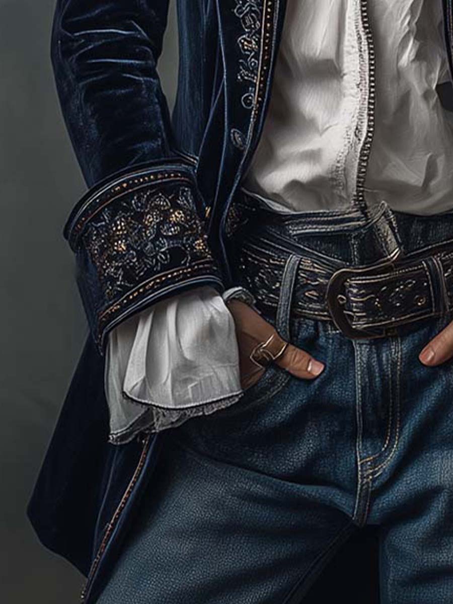 Woman wearing a long embroidered velvet jacket