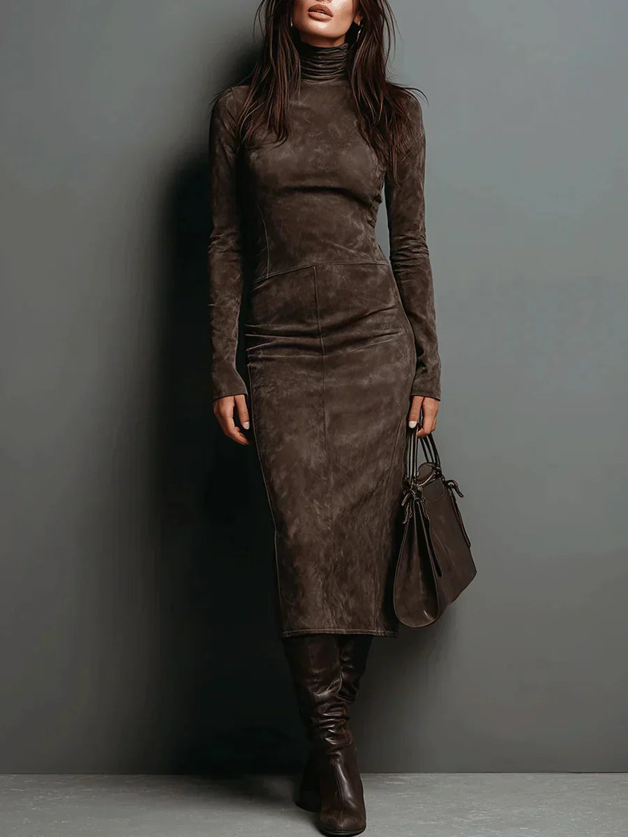 Woman wearing a suede-effect high-neck midi dress