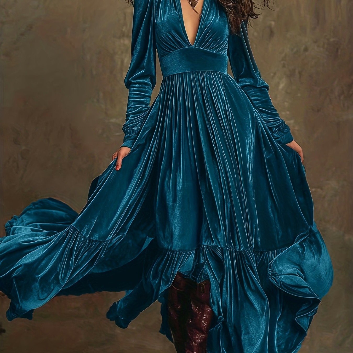Woman wearing a deep V-neck pleated maxi dress