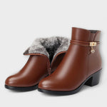 Edith zip-side heeled leather ankle boots, pair view with fur-lined cuff folded down