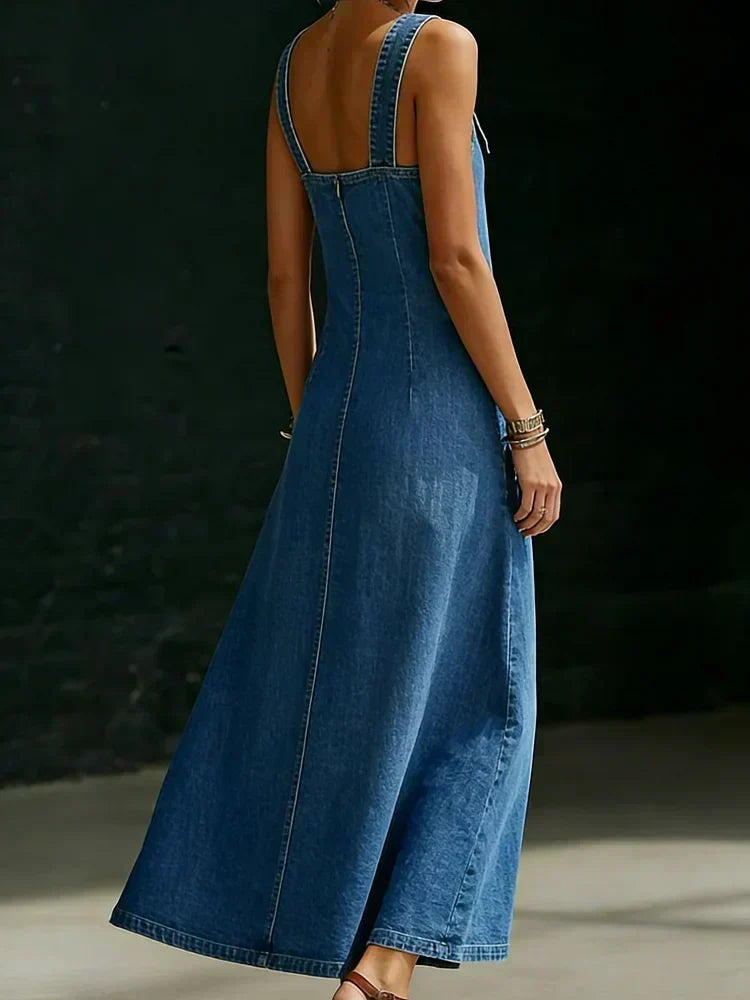 Woman wearing a long button-front denim dress