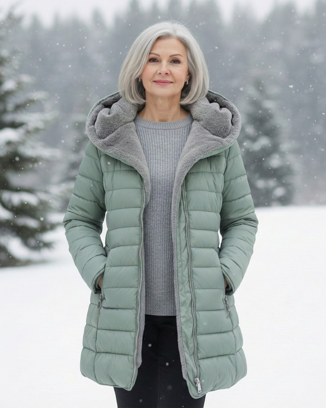 Woman wearing a fleece-lined quilted padded jacket with a shaped waist