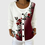Waleria structured button-knit cardigan in burgundy floral colourblock knit